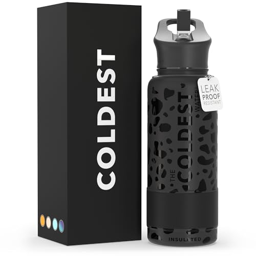 Coldest Insulated Water Bottle with Straw Lid - Stainless Steel Metal Insulated Bottle for Men & Women (Black Leopard, 32 oz)