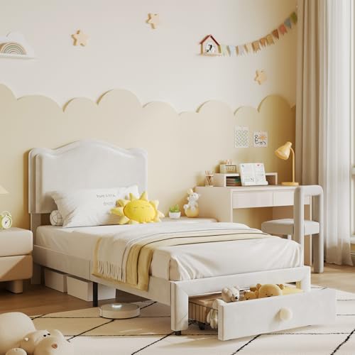 GarveeHome Upholstered Twin Bed Frame with Storage Drawer & Scallop Headboard, Princess Twin Size Platform Bed Frames for Kids Girls, Wooden Slats Support, No Box Spring Needed, Beige