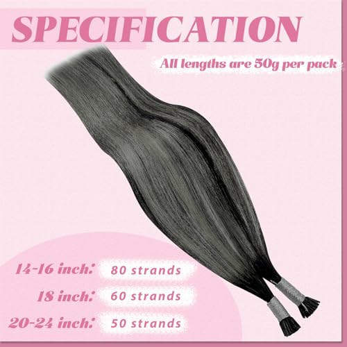 Image of YoungSee I Tip Extensions 24 Inch, I Tips Hair Extensions Real Human Hair, Black Balayage Silver, Itip Hair Extension, 50 Strands 50g, for Women, Long Hair