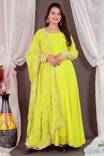 Image of ROYALICA Women's Georgette Gown Set with Solid Pattern Floor Length Round Neck Fit & Flare Full Sleeves Gown Pant and Embroidery Work Dupatta | Anarkali Gown Set for Women