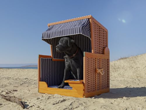 Outgarden Hundestrandkorb Kieferholz|Hundehütte inkl. Schützhülle|Schwenkbarer Wasser-/Futternapf|Sonnenschutz für Hunde & Katzen|Braun mit Dunkelblau-weißen Streifen- Perfekt für kleine Hunde