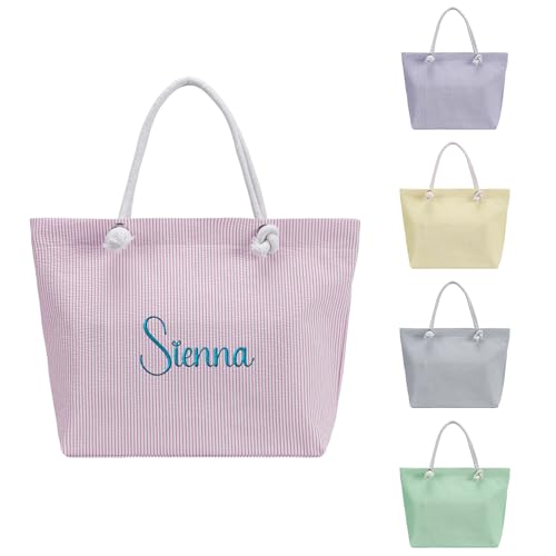 Ulico Personalzied Beach Tote Bag with Embroidered Name，Seersucker Cute Custom Reusable Grocery Shoulder Bag for Women