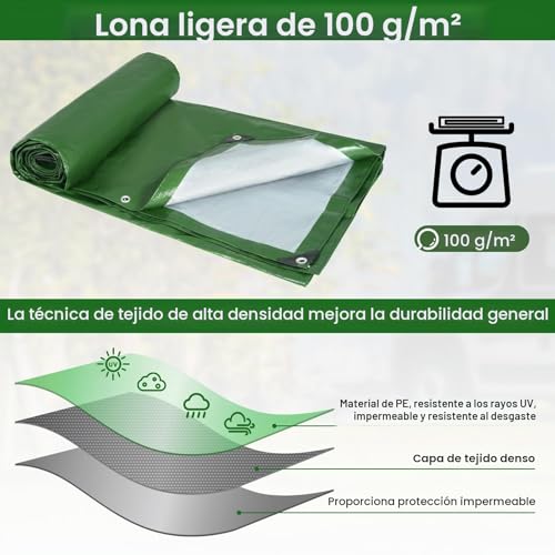 Miniatura 2 de Velway Lona Impermeable Exterior 2x3m - 100g M Con Ojales Resistente A Los Rayos Uv, Multiusos Portátil Para Terrazas Muebles Cámping Jardín Piscina Coche - Verde