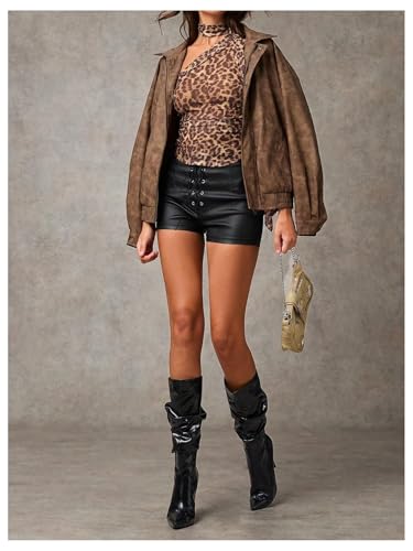 Image of WDIRARA Women's Leopard Print Halter Crop Top Ruched Sleeveless Mesh Shirt with Scarf Y2k