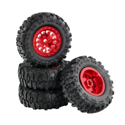 1.0 Inch RC Crawler Wheels and Tires Set, Pre-Mounted Aluminum Wheel & Tire Combo with Foam Inserts, Fit for 1/18 SCX24 SCX30 Micro RC, 4PCS (Red)