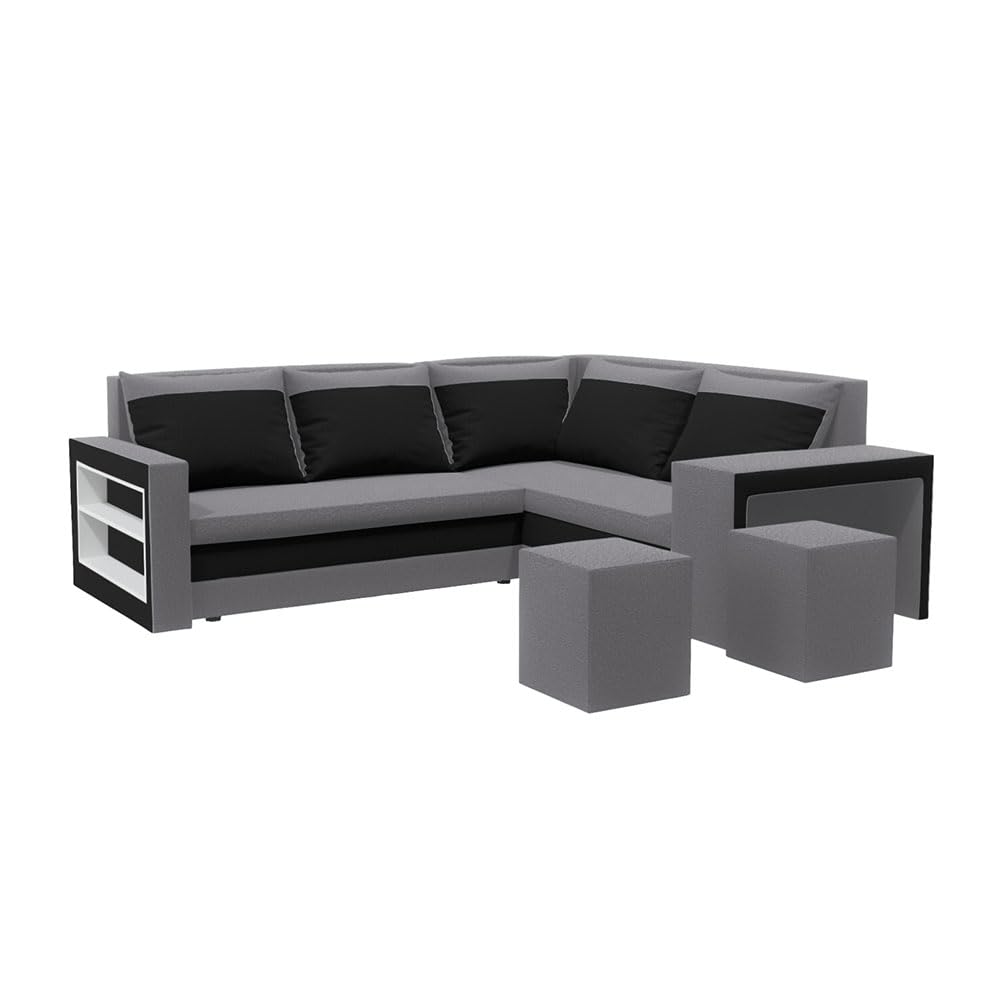 Malabo L Ecksofa mit Schlaffunktion und Bettkasten L-Form 220x202 cm – Sofa mit 2 Hockern, Regal im Seitenteil & Stauraum (Komfort, Grau-Schwarz)