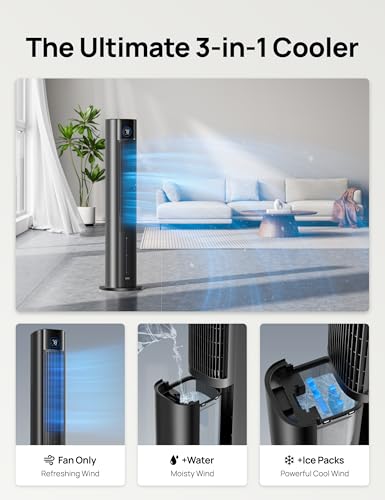Image of DREO Evaporative Air Swamp Cooler, 43 inch Cooling Fans that Blow Cold Air 2025 Upgraded, 85 Oscillating Floor Fan for Bedroom, Easy Cleaning, APP Control, Ice Packs, 4 Speeds & 4 Modes, Matte Black