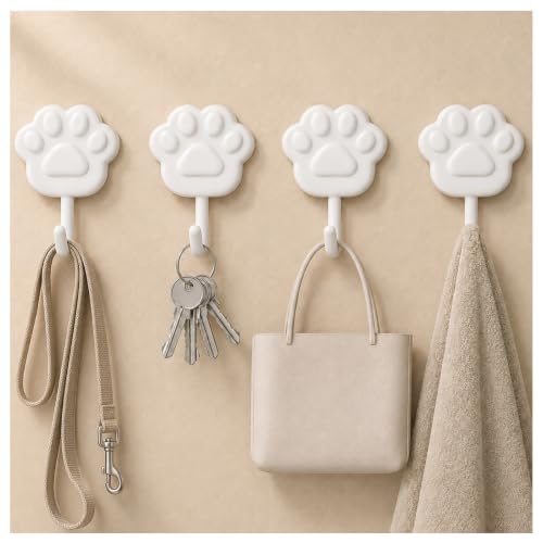 Cute Paw Self Adhesive Wall Hooks for Hanging, No Damage White Sticky Hooks | Stick On Hooks for Keys, Pet Leashes, Towels, Ladles, Wallets, Bags and Hats in Bathrooms, Kitchens, Entryways and Bedrooms