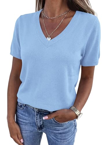 PRETTYGARDEN Womens Short Sleeve Sweaters V Neck Business Casual Tops Lightweight Sweater Shirts 2026 Summer Spring Outfits (Light Blue Medium)