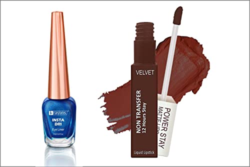 Image of Krayons Insta Dri Sparkling Eyeliner, Blue, 7ml And Power Stay Nontransfer 12hrs Stay Matte Liquid Lipstick, Caramel, 4ml