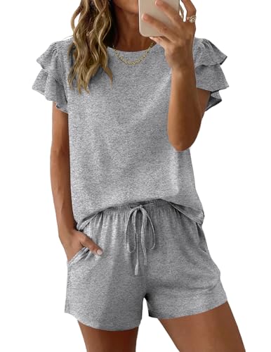 Image of Ekouaer Womens Pajama Sets 2 Piece Ruffle Sleeves Top and Shorts Pjs | Soft Sleepwear Cute Loungewear Set with Pockets for Sleep, Lounge, Wedding, Party, Bridal