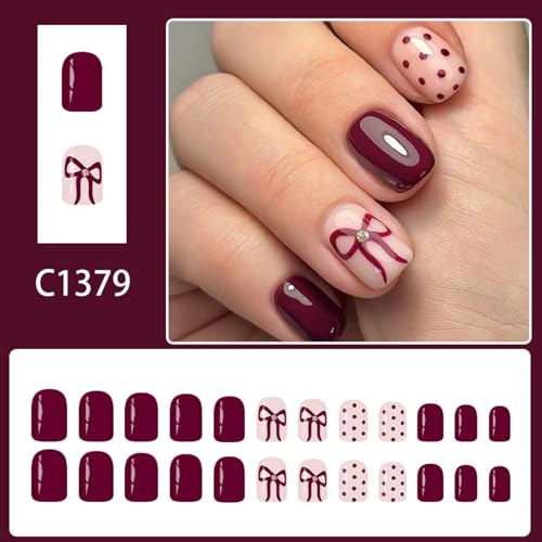 Image of Red Press on Nails polka dot Fake Nail Bow Glue on Nail with Design Glossy Full Cover Reusable Artificial Short Square Stick on Nail for Women Girls Fall Winter Manicure 24Pcs