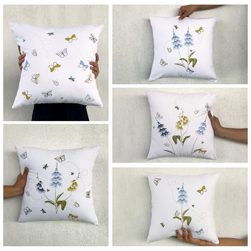 Image of Tranquebar Curtain Co.Butterfly & Floral Printed Canvas Cotton Cushion Covers (Titli-Blue) Set of 5-16 inch x 16 inch