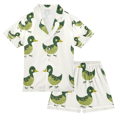senya Green Duck A Satin Summer Pajama Sets Silk Short Sleeve Button Down Sleepwear
