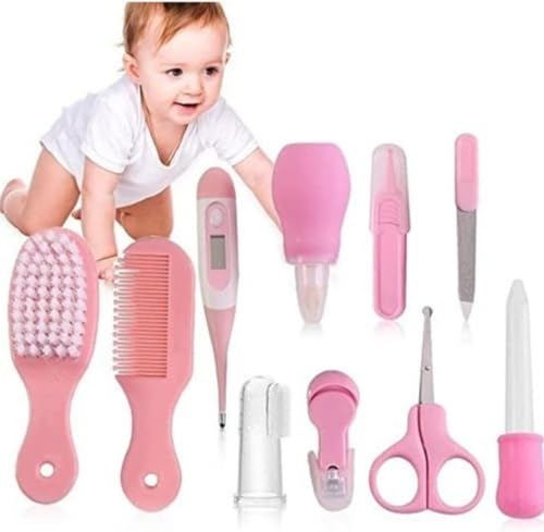 Kit Higiene Bebê Menina Cuidados Essenciais Rosa 10 Peças Lixa de Unha Cortador de Unha Escova de Ca