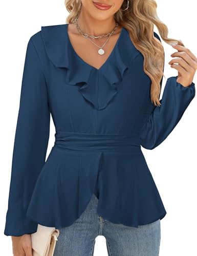 ECOWISH Women Dressy Ruffle Blouse: 2025 Long Sleeve Peplum Work Shirts Elegant V Neck Smocked Waist Business Casual Tops