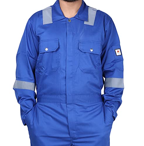 Image of Men's 100% Cotton Pyrovatex Fire Retardant Industrial Coveralls (Boiler Suit) with Reflective Tape 240 GSM. Color Royal Blue, Size 5XL - 50