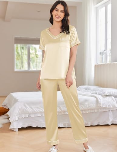 Image of Ekouaer Satin Pajamas for Women Short Sleeve Silk Pajama Sets Soft Sleepwear Top with Causal Long Pj Pant