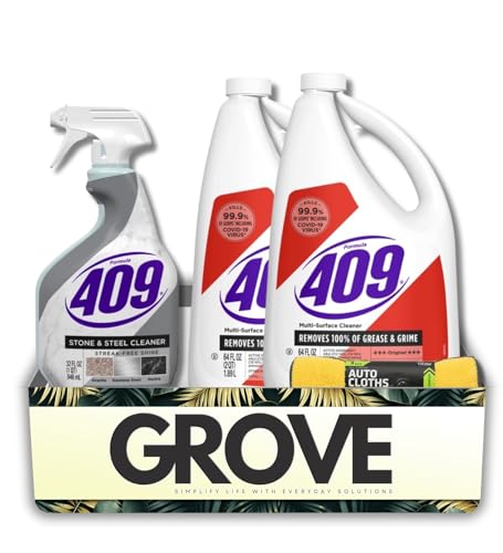 Formula 409 Stone/Steel Cleaner 32 oz Spray and Formula 409 Original Scent Multi-Surface Cleaner Liquid 64 oz Bundle with Microfiber Auto Cleaning Cloth Stone and Countertop Care Gift Set (4 Items)