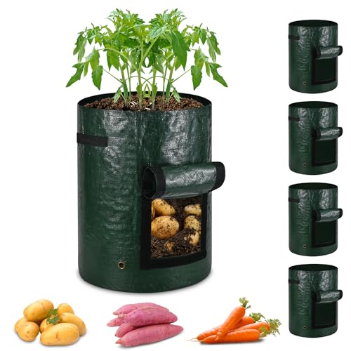 ECCOGREAT 5 Bolsas de 27L para Semillas de Patata con Tapa y Asa, Bolsas de Tela Gruesa PE para Semillas Aireadas con Ventana de Recolección