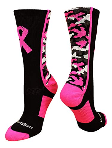 MadSportsStuff Pink Ribbon Awareness Camo Crew Socks (Black/Neon Pink, Large)