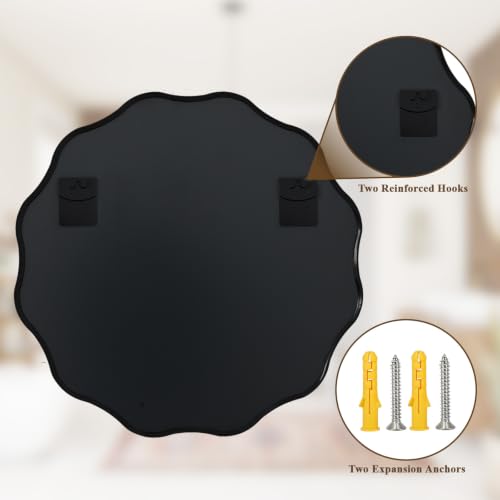 Image of VooBang Black Scalloped Circle Mirror, 36 inch Wavy Edge Round Wall Mirror