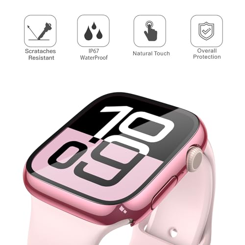 Image of Misxi [2 Pack] Waterproof Hard Case with Tempered Glass Compatible with Apple Watch Series 11 (2025) Series 10 42mm, Overall Protective Cover for iWatch Screen Protector, 1 Rose Pink + 1 Transparent