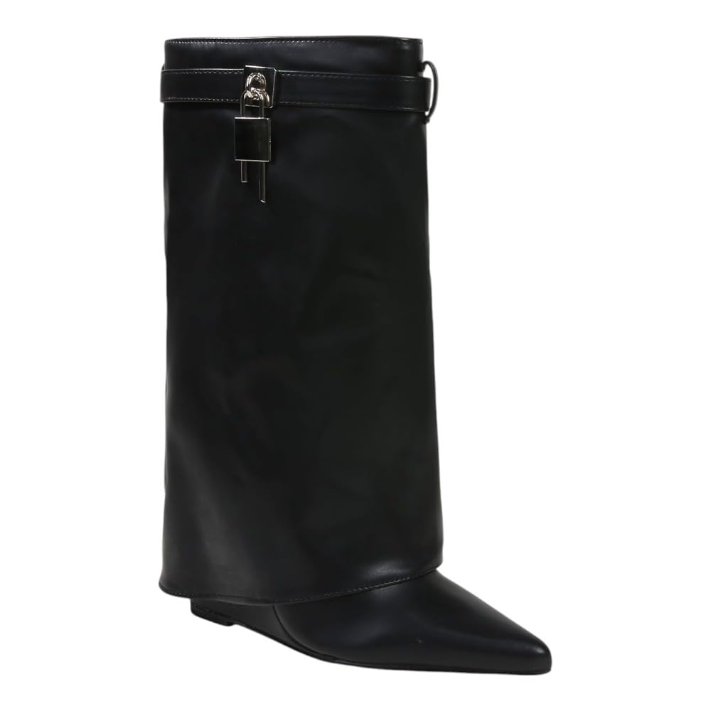 Women Fold Over Wedge Heeled Boots with Lock Detail