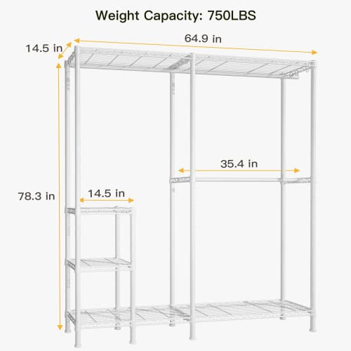 Ulif L-Shaped Heavy Duty Garment Rack, 4-Tier Adjustable Freestanding Closet, Closet Organizers And Storage With 3 Hanger Rods For Bedroom And Cloakroom, 44”W X 35.4”D X 78.3”H, Load Capacity 750Lbs, White #TOP6