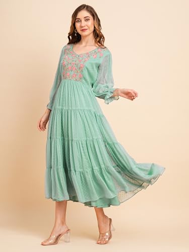Image of RATAN Women's Floral Embroidered Puff Sleeve Chiffon Flared Tiered Kurta Gown Maxi Dress