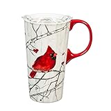 Cypress Home Beautiful Perching Cardinal Ceramic Travel Cup with Tritan Lid and Matching Box - 4 x 5 x 7 Inches Indoor/Outdoor home goods For Kitchens, Parties and Homes
