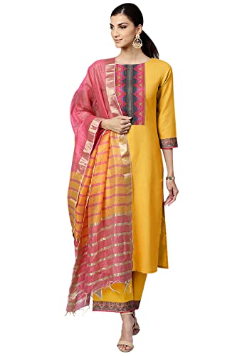 Image of Women's Cotton Straight Kurta Set with Plazzo and Duppata(EDT8120YLW1 Yellow Large)