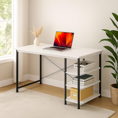 Image of Callas Computer Desk with Side Storage Shelves for Home Office, Study Table for Laptop, Writing & Workstation - Sturdy Metal Frame & Wooden Top (ST-24-White) (White, ST-24)