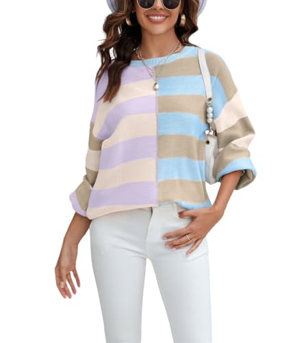 Image of chouyatou Women's Casual Crew Neck Color Block Striped Patchwork Knitted Pullover Sweater Tops