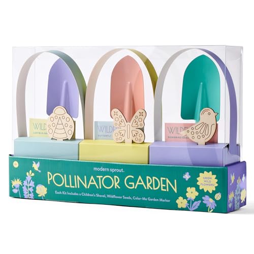 Modern Sprout Pollinator Garden Gift Set - Spring Gifts for Kids - Educational Gardening Tools for Little Gardeners - Eco-Friendly Kids Gardening Set w/Trowel Wooden Markers & Wildflower Seeds (3-pk)