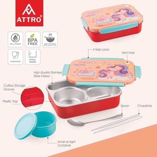 Image of ATTRO School Bite Stainless Steel Lunch Box - 3 Compartment Bento Tiffin, Leak-Proof & Durable, Ideal for Kids, School, Picnic- 750ml+150ml, Peach- Unicorn Theme