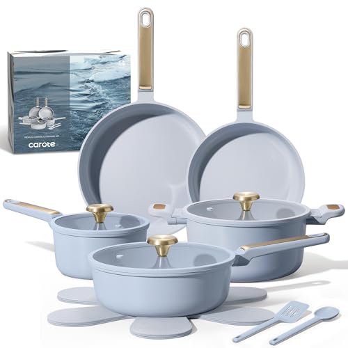 CAROTE Ceramic Cookware Set Nonstick, 14pcs Pots and Pans Set Nonstick, Non-Toxic & PFAS-Free, Dishwasher, RV/Camping Cookware Set, Cooking Pots with Lids, Pastel Blue by CAROTE - Used condition - US$59.49