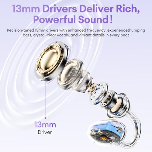 Image of 2 in 1 Clip on Open Ear Headphones Wireless Earbuds, 0 Delay Bluetooth 6.0, Ultra-long 140H Play, Auto L-R Recognition Touch Control, Hybrid Noise Reduction for Work Fitness Daily Use, Ctbuds Purple