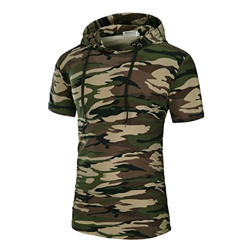 Men's Slim Fit Short Sleeve Hoodies Lightweight Gym Hooded T-Shirts Casual Camo Workout Hoodie Pullover Top (Armygreen 2,X-Large)