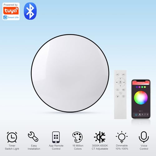 YICALE Plafon LED Techo RGB,IP44 Lampara de Techo Regulable con Mando a Distancia y APP,3000-6500K Lampara Techo Dormitorio con 16 Millones RGB Colores para Baño,Salón,Cocina,Ø32CM - imagen 2