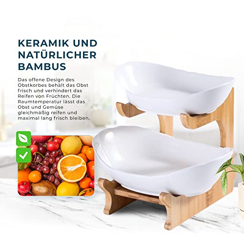 Ironix Fruit Bowl For Kitchen Counter White Ceramic And Natural Bamboo Two Tier Serving Stand, Decorative 2 Tier Fruit Stand For Vegetables & Snacks #TOP1