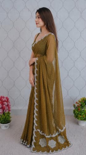 Image of Chiffon Satin Saree for Women with C Pallu PP Siroski Diamond Work, Cutwork Border & Matching Blouse Saree for Wedding, Festive and Traditional Occasions