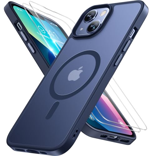 Image of Miracase Magnetic for iPhone 13 Case 6.1 inch (Compatible with MagSafe)(with 2X Screen Protectors) Military-Grade Protection, Anti-Fingerprint Translucent Matte Phone Case Cover, Dark Blue