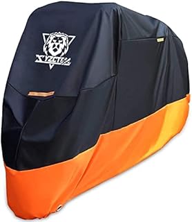 XYZCTEM Motorcycle Cover – All Season Waterproof Outdoor Protection – Fit up to 116 inch Tour Bikes, Choppers and Cruisers – Protect Against Dust, Debris, Rain and Weather(XXXL,Black& Orange)