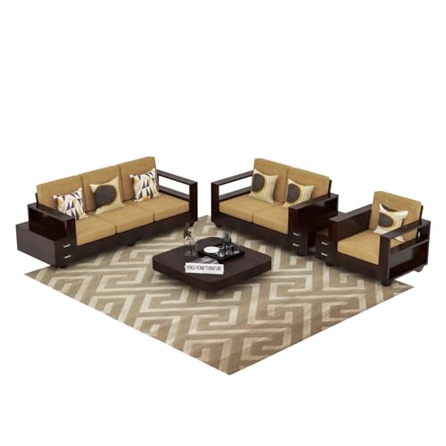 Image of Sheesham Wood 6 Seater Sofa Set with 2 Drawer Storage | 3+2+1 Wooden Sofa Set Furniture for Living Room Home Office (3+2+1,Walnut)