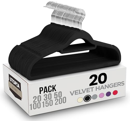 Utopia Home Pack of 20 Velvet Suit Hangers with Tie Bar - Heavy Duty Non-Slip Premium Hangers for Adult Clothes - 360 Degree Swivel Hook, Black