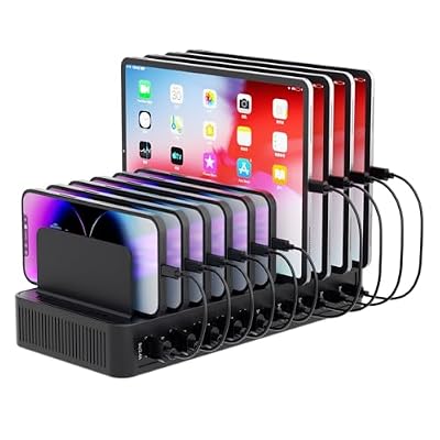 60W Charging Station for Multiple Devices, 10-Port USB Fast Charging Station with Adjustable Dividers - Device Organizer Charging Dock for iPhone, Android, iPad, Tablets & More