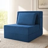 Ressainic Folding Sofa Bed, Convertible Sleeper Chair with Pillow, Fold Out Chair Bed, Memory Foam Floor Couch Mattress, Foldable Futon Couch Lounge for Living Room Bedroom Guest Room (Blue, Single)