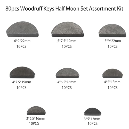 80 Stück Federkeile Sortiment, 8 Größen Halbmond Paßfeder Set, 3-4-5-6 mm Passfeder Sortiment, Scheibenfeder-Sortiment-Kit für Schwungrad Riemenscheiben Kurbelwellenschlüssel