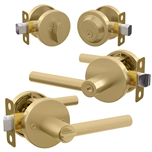 Mega Handles Entrance Combo I Entry Lever Door Handle And Single Cylinder Deadbolt Lock And Key Combo Pack - Square Locking Lever Set For Left Or Right-Handed Doors, Exterior Door Levers - Satin Brass #TOP6
